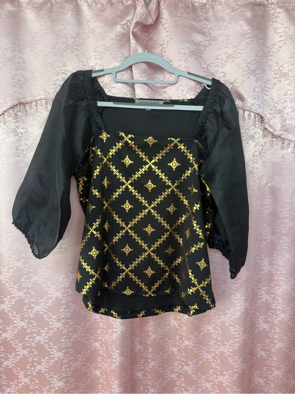 Black and Gold Puff-Sleeve Blouse